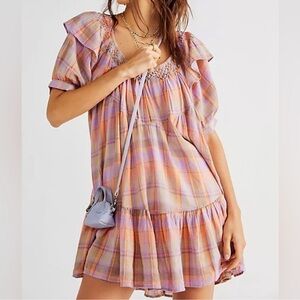 Free People Lavender and Peach Plaid Tiered Mini Dress